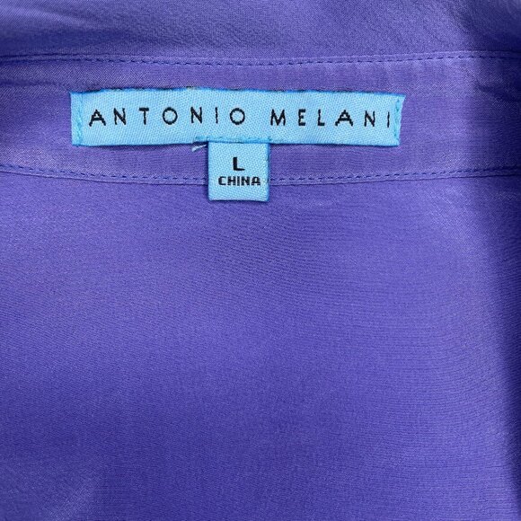 ANTONIO MELANI 100% Silk Purple Collared Button Tie Front Long Sleeve Blouse L - Picture 9 of 11